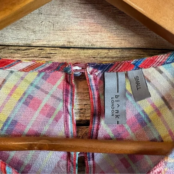Blank London Women's Miranda Flowy Peasant Top in Rainbow Plaid Size Small - Picture 5 of 9